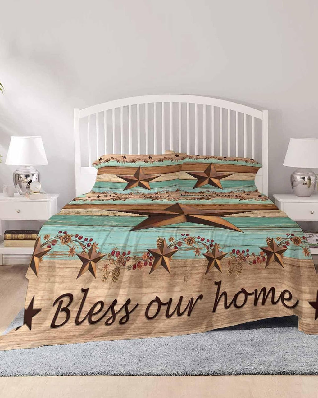 Western Texas Star Vintage Cal King Sheet Set 4 Piece Bedding - Retro Farmhouse Brown Green Wood Grain Breathable Comfy Cooling Bed Sheets & Pillowcase Sets,Hotel Flat Sheets Deep Pockets Fitted Sheet