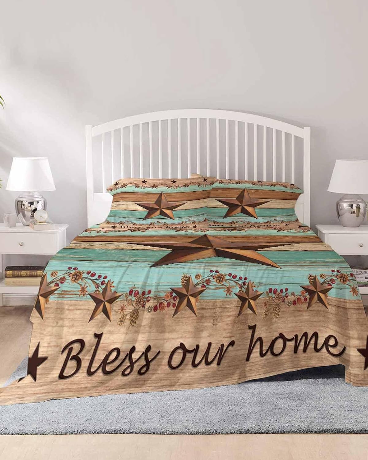 Western Texas Star Vintage Cal King Sheet Set 4 Piece Bedding - Retro Farmhouse Brown Green Wood Grain Breathable Comfy Cooling Bed Sheets & Pillowcase Sets,Hotel Flat Sheets Deep Pockets Fitted Sheet