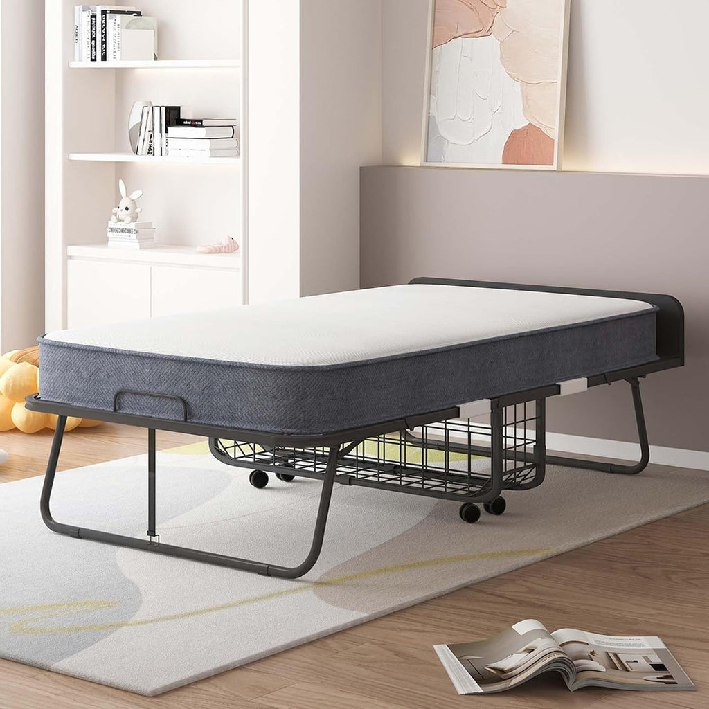 BALUS Folding Bed with Mattress for Adults, 75' x 31' Rollaway Bed with Head Baffle & Mesh Storage Basket, Fold Up Beds for Guests, Foldable Frame with Locking Casters for Easy Moving（Upgrade）