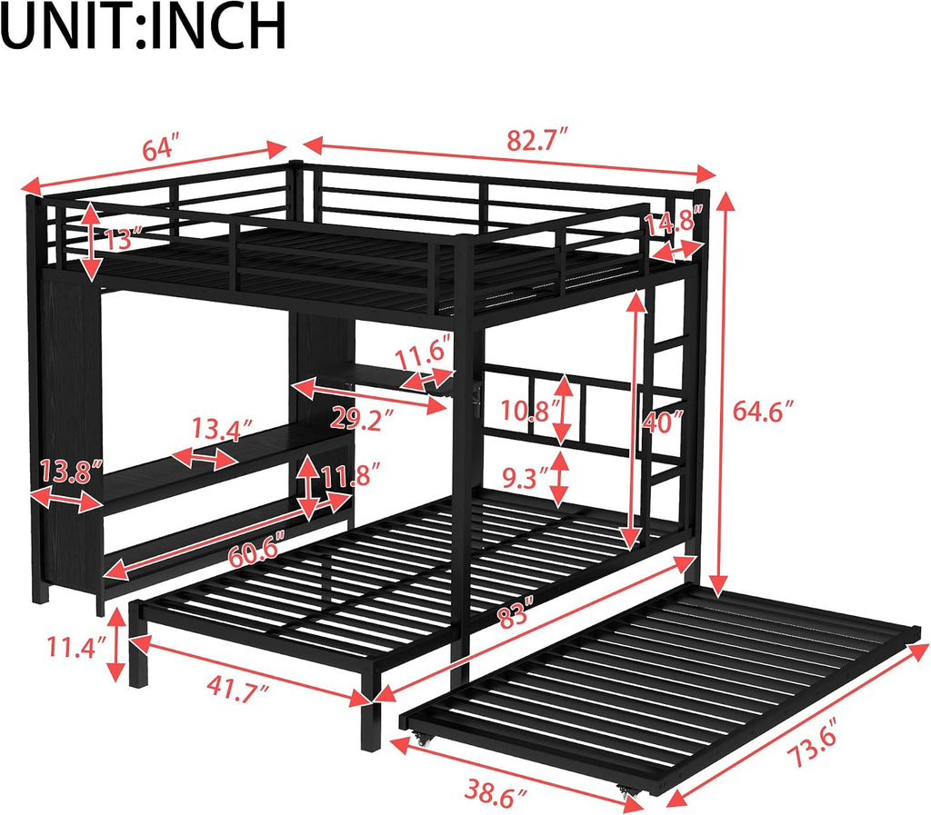 JIVOIT Metal Bunk Bed with Trundle, Queen Over Twin Bunk Bed with Foldable Desk, Built-in Wardrobe, Ladders and Safety Guard, Noise-Reduced Design, Space-Saving, No Box Spring Needed