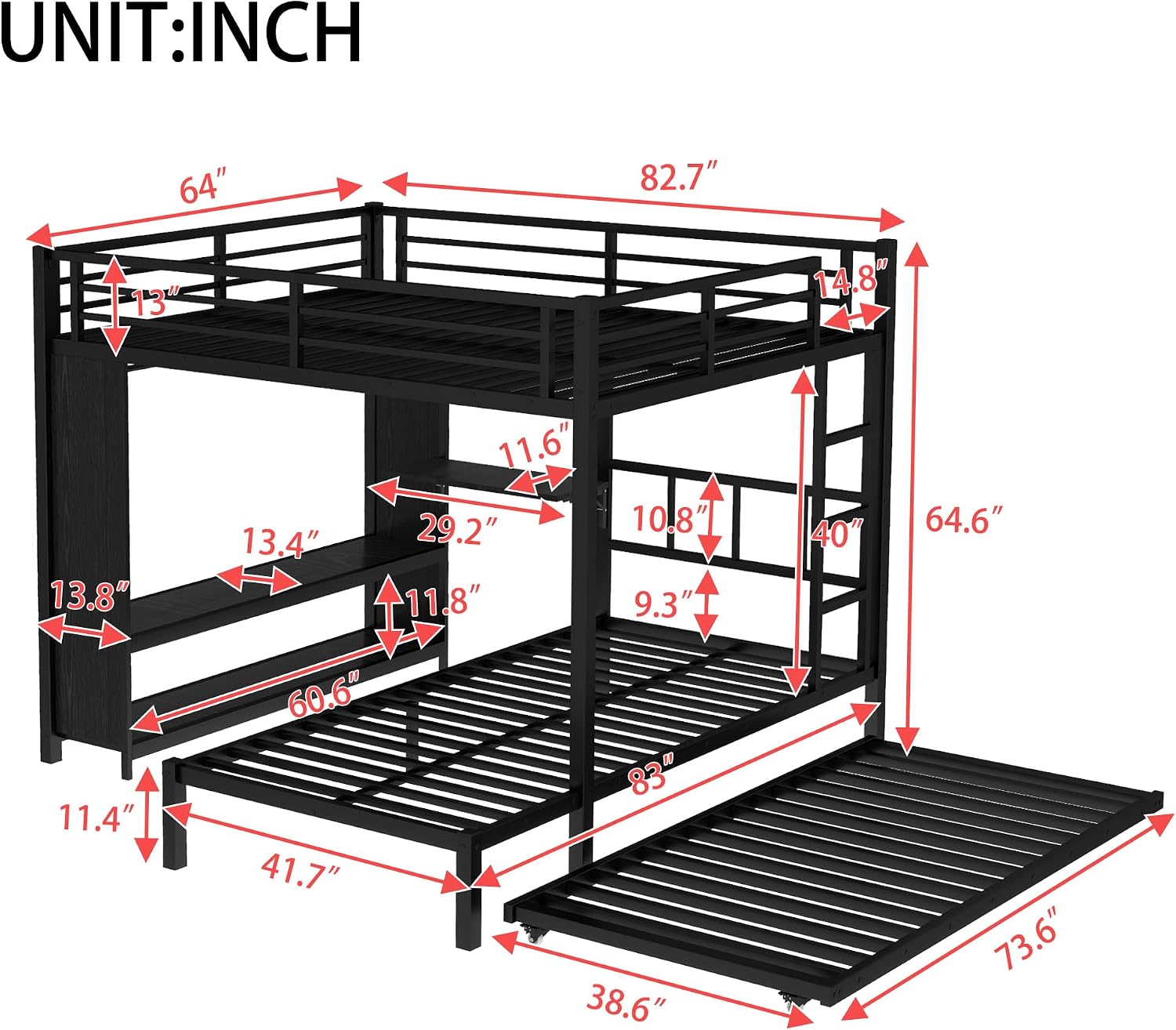 JIVOIT Metal Bunk Bed with Trundle, Queen Over Twin Bunk Bed with Foldable Desk, Built-in Wardrobe, Ladders and Safety Guard, Noise-Reduced Design, Space-Saving, No Box Spring Needed