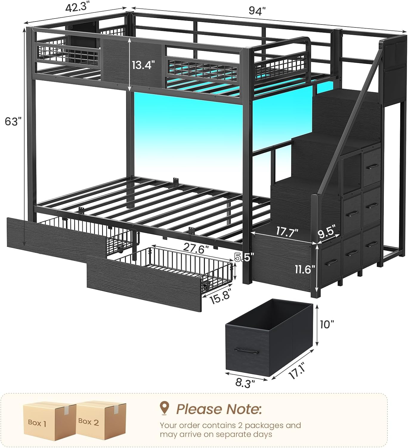 BTHFST Bunk Bed Twin Over Twin with Stairs, LED Lights Twin Bunk Bed with 2 Storage Drawers & 6 Fabric Drawers, Metal Twin Loft Beds with Guardrail & Stairs, Space Saving, Sturdy Frame for Teens