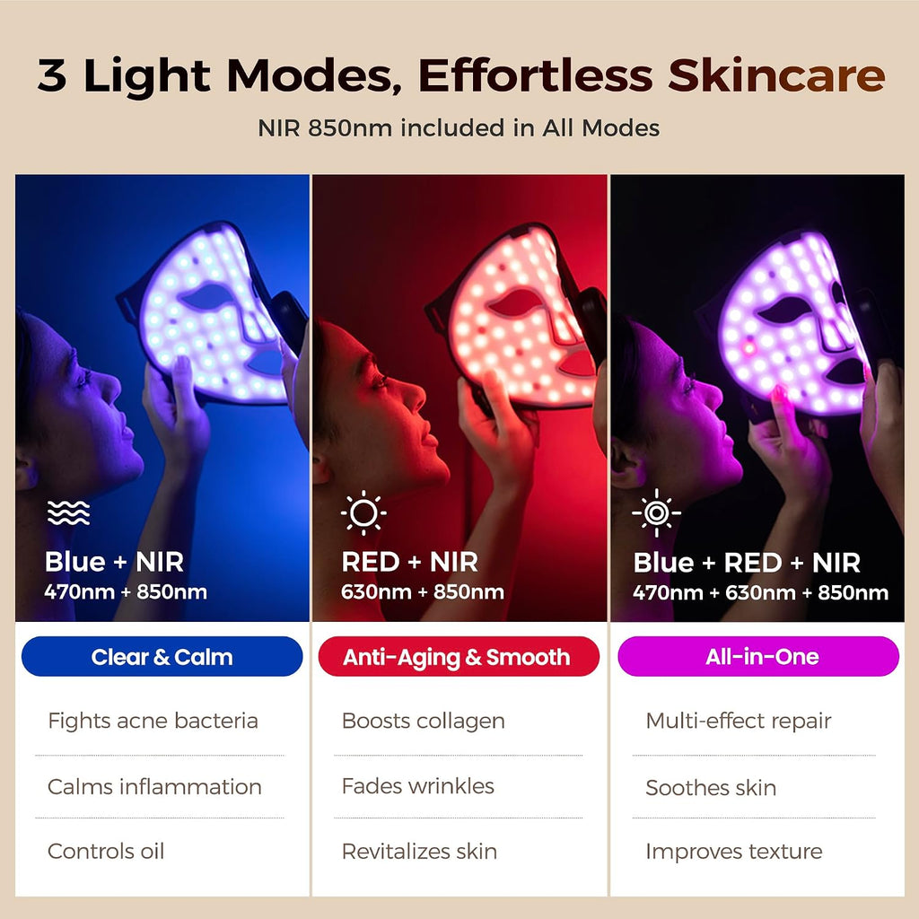 ARIVEA Red Light Therapy Mask for Face – Portable Wireless LED Face Mask with 3 Modes (Red, Blue, Infrared 850nm), Cordless Anti-Aging Light Therapy for Wrinkle Reduction, Acne Care & At-Home Skin