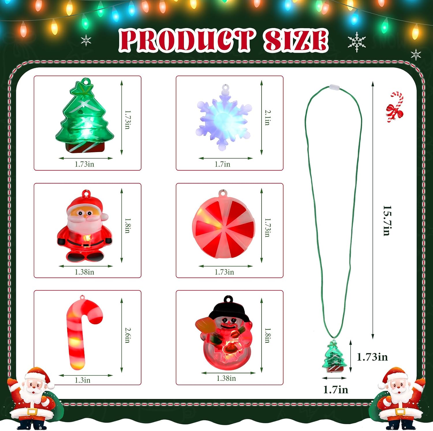 Sumind 200 Pcs Light up Christmas Bulb Necklaces Xmas LED Necklaces Santa Claus Lights Necklace Party Favors Christmas Tree Snowman Snowflake Candy Decorations