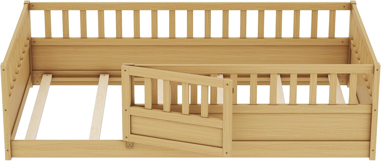 Bellemave Twin Size Floor Bed with Fence and Door, Montessori Floor Bed with Slats, Twin Size Montessori Beds for Kids, Girls, Boys, Natural