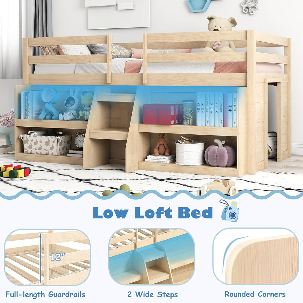 KOMFOTT Low Loft Bed with LED Light and 2 Bookcases, Wood Kids Twin Bed with Under-Bed Play Space, Stairs & Guardrails, Modern Loft Bed for Kids, No Box Spring Needed (Natural)