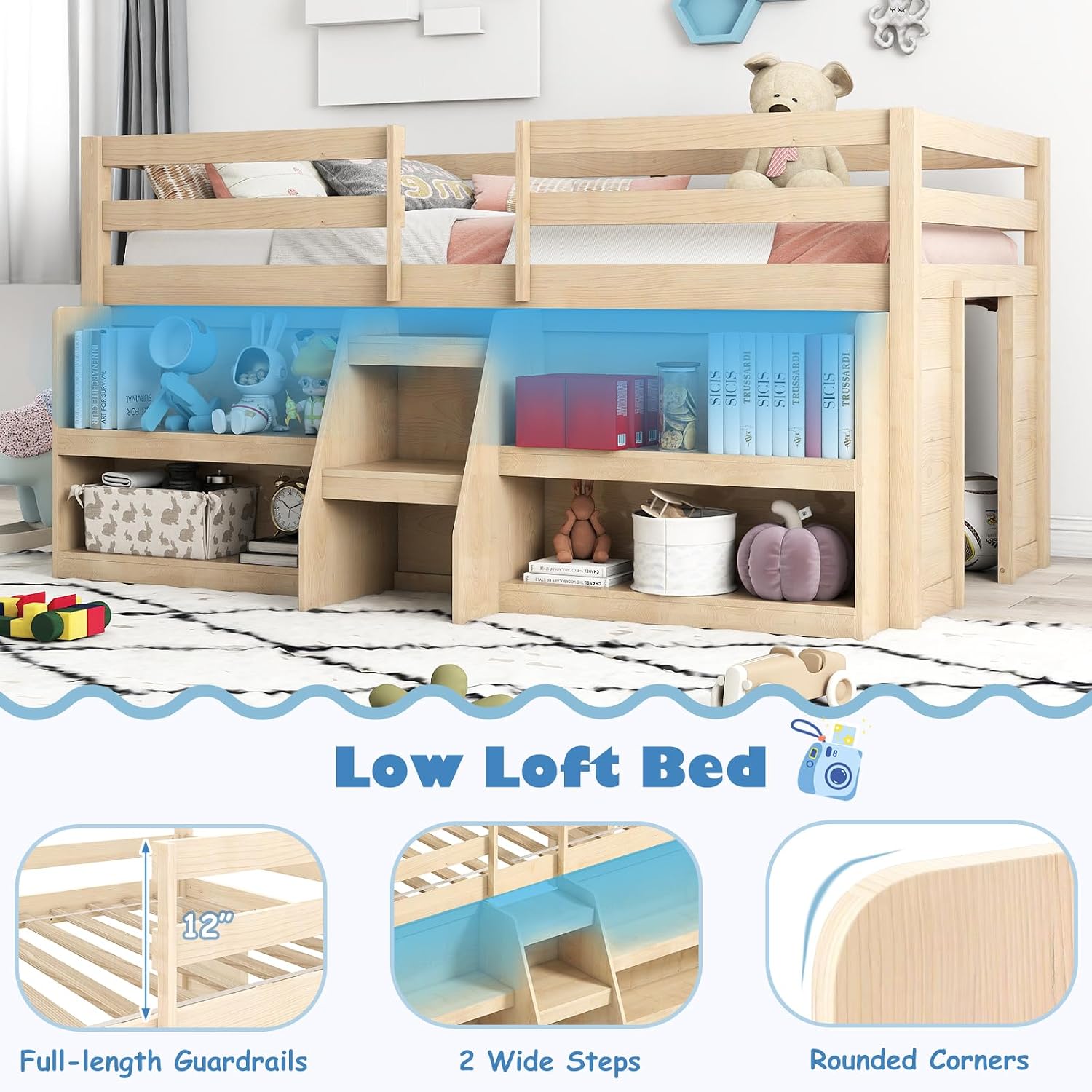 KOMFOTT Low Loft Bed with LED Light and 2 Bookcases, Wood Kids Twin Bed with Under-Bed Play Space, Stairs & Guardrails, Modern Loft Bed for Kids, No Box Spring Needed (Natural)