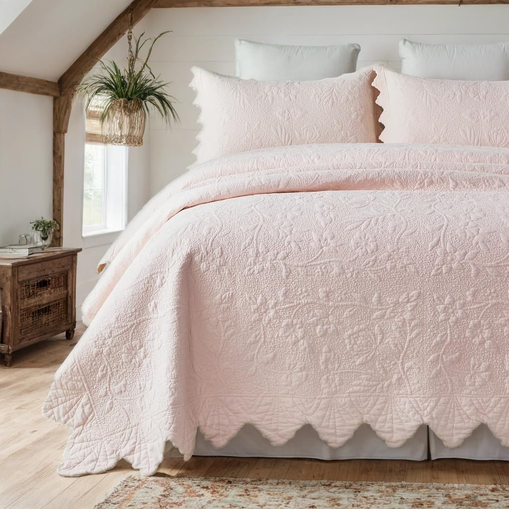 Brandream Queen Size Quilt Set Cotton Pink Quilts Farmhouse Matelasse Coverlet Oversized Bedspread 98x106 with 2 Standard Shams