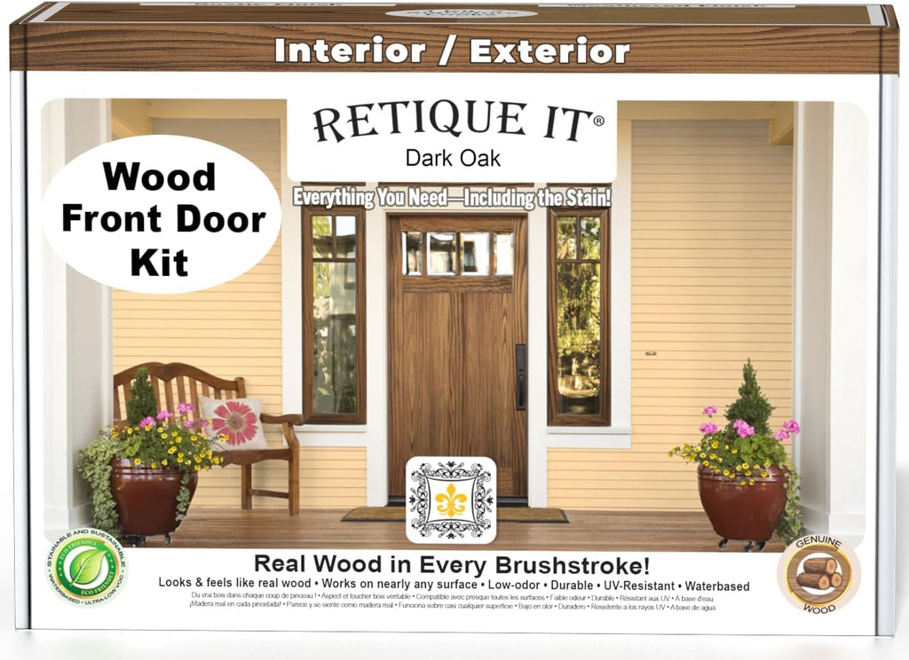 Retique It Wood Finish Front Door Kit – GO Beyond Faux Wood with Paintable Liquid Wood Based Primer and Gel Stain - Graining Tools Included (Front Door Kit, Dark Oak)