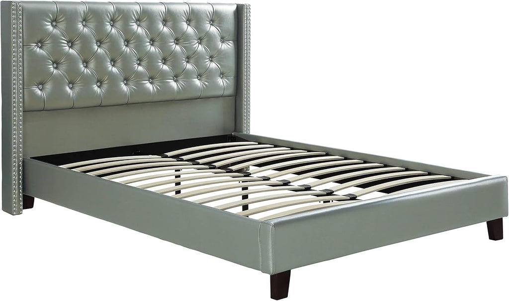 Full Bed Frame No Box Spring Needed | Full Size Bed 1Pc Bed Set Silver Faux Leather Upholstered Tufted Bed Frame Headboard Bedroom Furniture