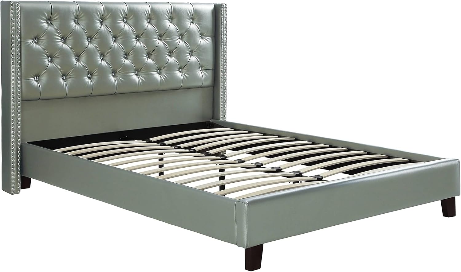 Full Bed Frame No Box Spring Needed | Full Size Bed 1Pc Bed Set Silver Faux Leather Upholstered Tufted Bed Frame Headboard Bedroom Furniture