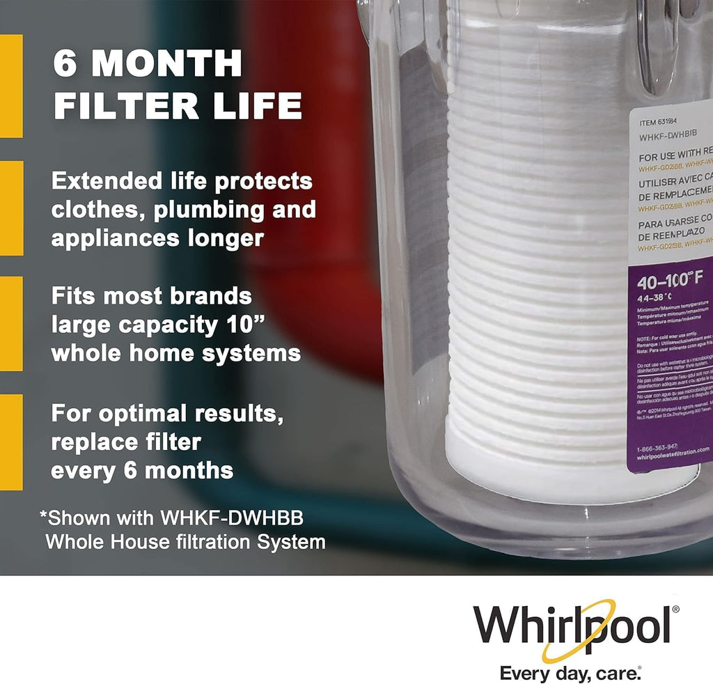 Whirlpool Whole House Large Capacity Sediment Filter WHKF-GD25BB, Full Case of 4 Filters, NSF Certified 25-Micron Filtration, Replacement Cartridge Fits Most Home 10' x 4.5' Standard Filter Housings