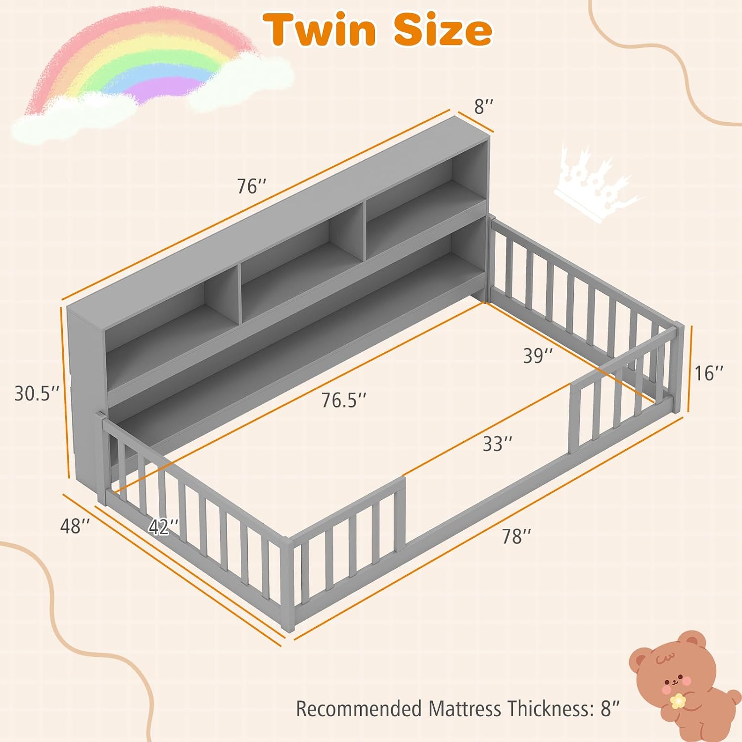 BECOMFORT Twin Floor Bed for Kids, 2-in-1 Kids Twin Floor Bed Frame with Bedside Bookcase & Safety Guardrails, Montessori Bed for Boys Girls