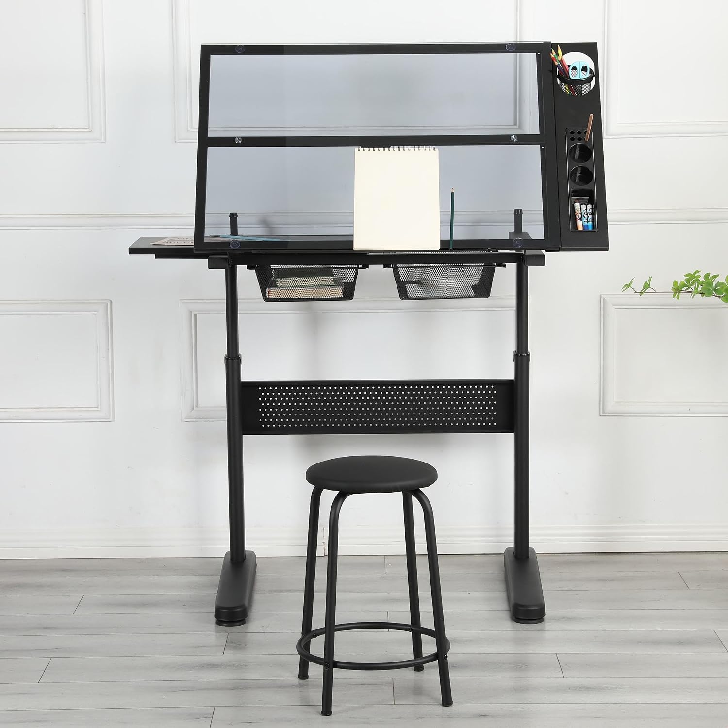 GDFStudio Drafting Table with Extended Desktop & 2 Metal Drawers, Adjustable Height Art Craft Desk with Storage, Tilted Tempered Glass Table Top Diamond Painting with Stool for Home Office, Black