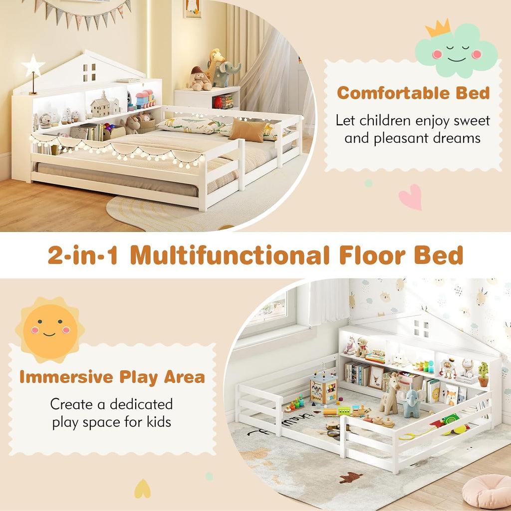 Giantex Full Size Montessori Floor Bed with LED Lights, 2-in-1 Wooden House Bed Frame with Safety Guardrails, Storage Compartments & Shelf, No Box Spring Needed, Without Slats, White