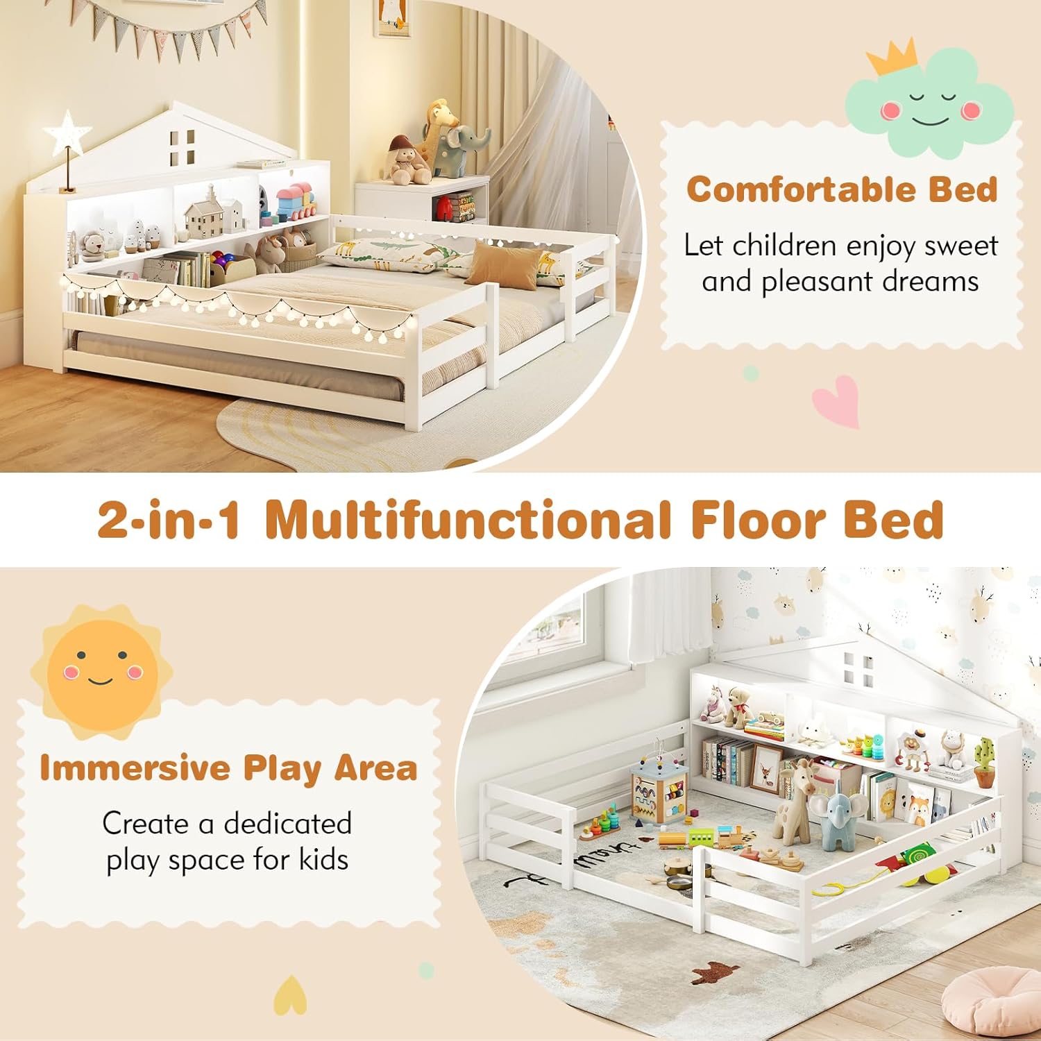 Giantex Full Size Montessori Floor Bed with LED Lights, 2-in-1 Wooden House Bed Frame with Safety Guardrails, Storage Compartments & Shelf, No Box Spring Needed, Without Slats, White