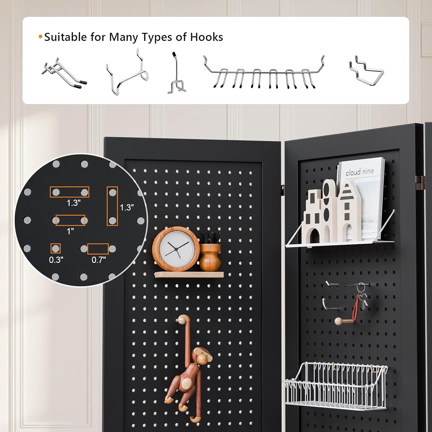 Bonnlo 4/6 Panel Pegboard Freestanding, 5 FT Portable Display Board Organizer for Craft Show Jewelry, Wooden Folding Privacy Screen Room Divider (Black, 6 Panel with Base)