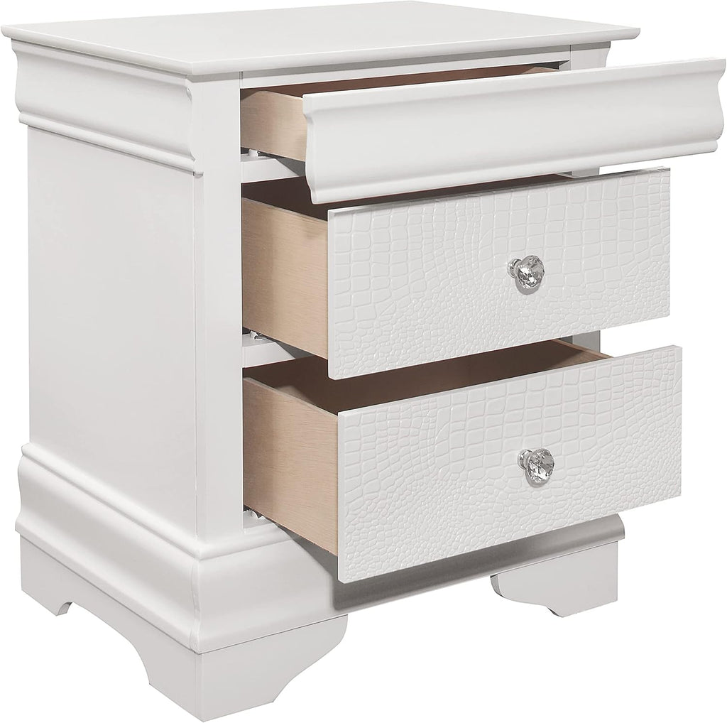 Glam 3pc Bedroom Set White Finish Queen Size LED Light Bed and Two Nightstands Alligator Texture Wooden Furniture