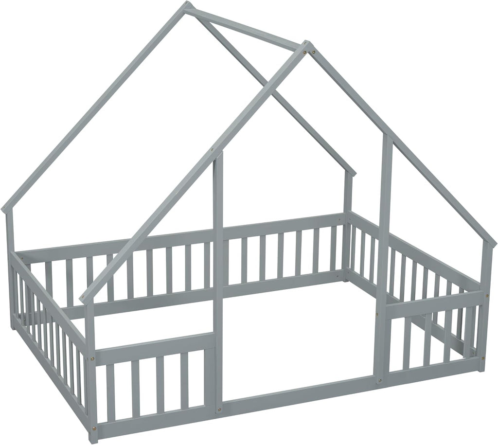 JIVOIT House Bed Full Size Floor Bed, Full Wood House-Shaped Floor Bed with Fence and Guardrails, Wood House Roof Frame, Montessori Floor Bed Frame (Grey-Full,129)