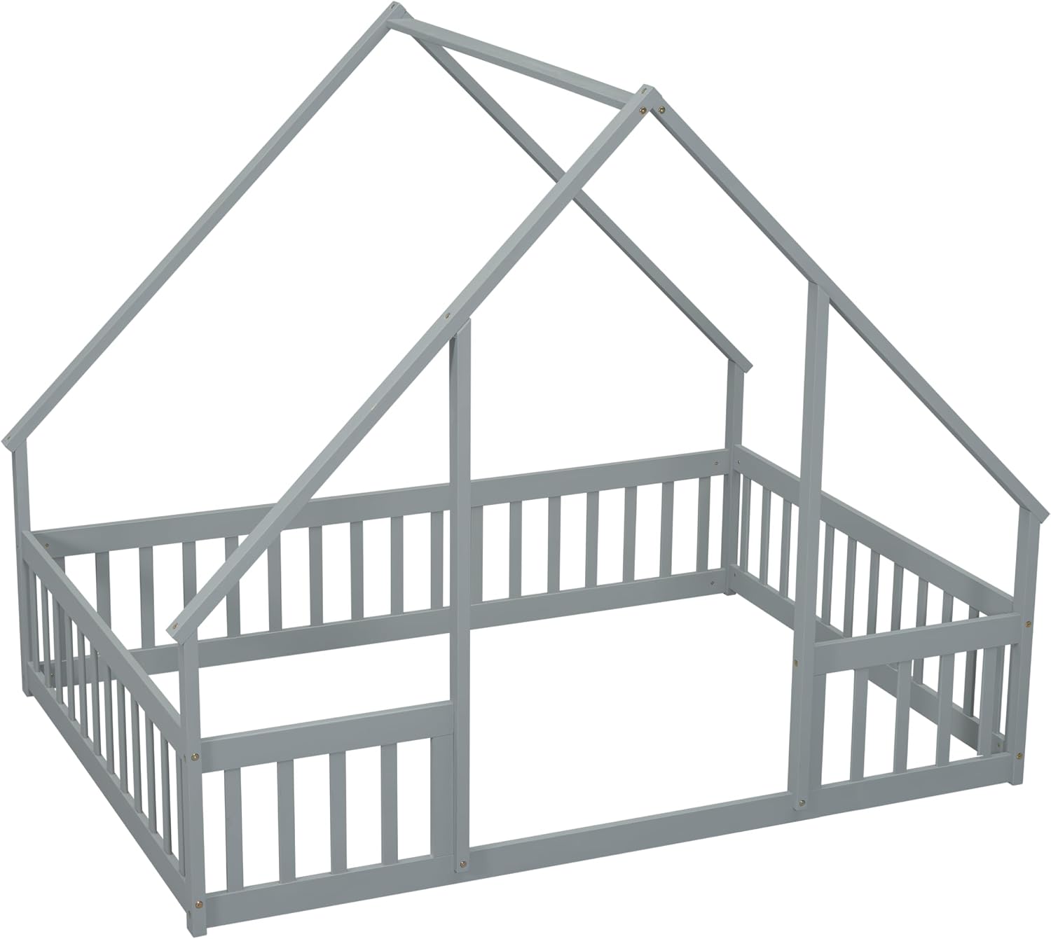 JIVOIT House Bed Full Size Floor Bed, Full Wood House-Shaped Floor Bed with Fence and Guardrails, Wood House Roof Frame, Montessori Floor Bed Frame (Grey-Full,129)