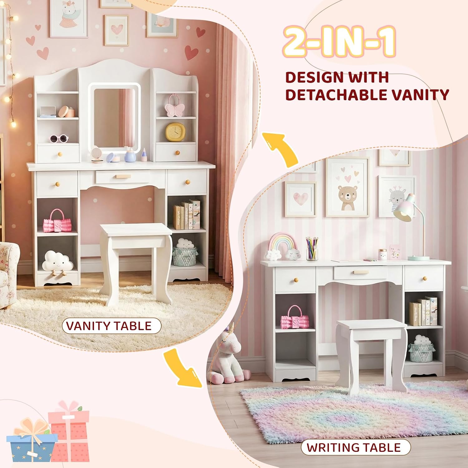 Arlopu Kids Vanity with 3-Color Lights, Girls Vanity Set w/Large Storage, Mirror ＆ Stool, 2 in 1 Princess Wooden Pretend Play Makeup Desk, Dressing Table and Chair, Open Shelves, Drawer (White)