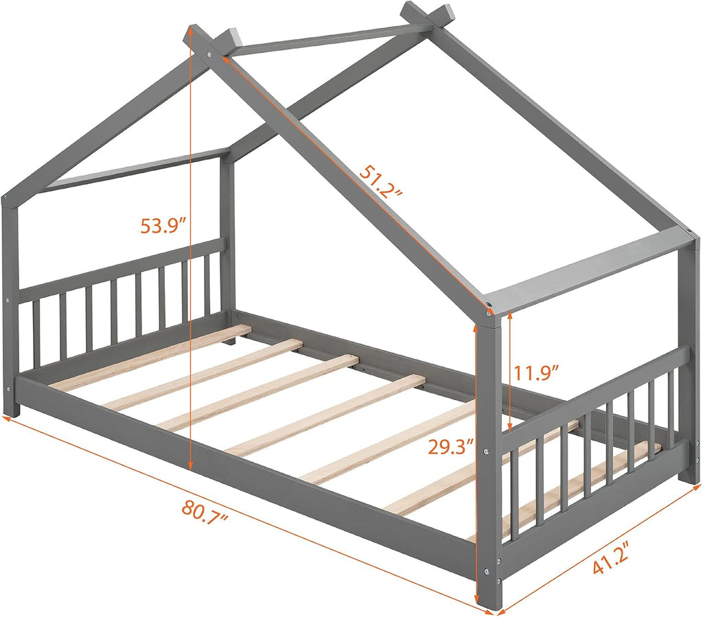 JIVOIT Twin Size Wood House Bed, Solid Wood Tent Bed Canopy Bed Frame with Roof Design, Twin Floor Bed with Wood Slats Support, No Box Spring Needed (Gray-Twin-Pinewood)