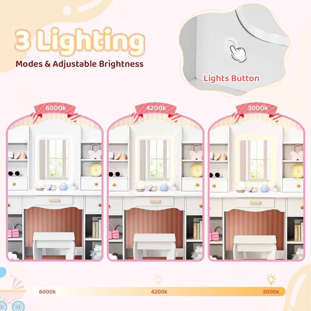 Arlopu Kids Vanity with 3-Color Lights, Girls Vanity Set w/Large Storage, Mirror ＆ Stool, 2 in 1 Princess Wooden Pretend Play Makeup Desk, Dressing Table and Chair, Open Shelves, Drawer (White)
