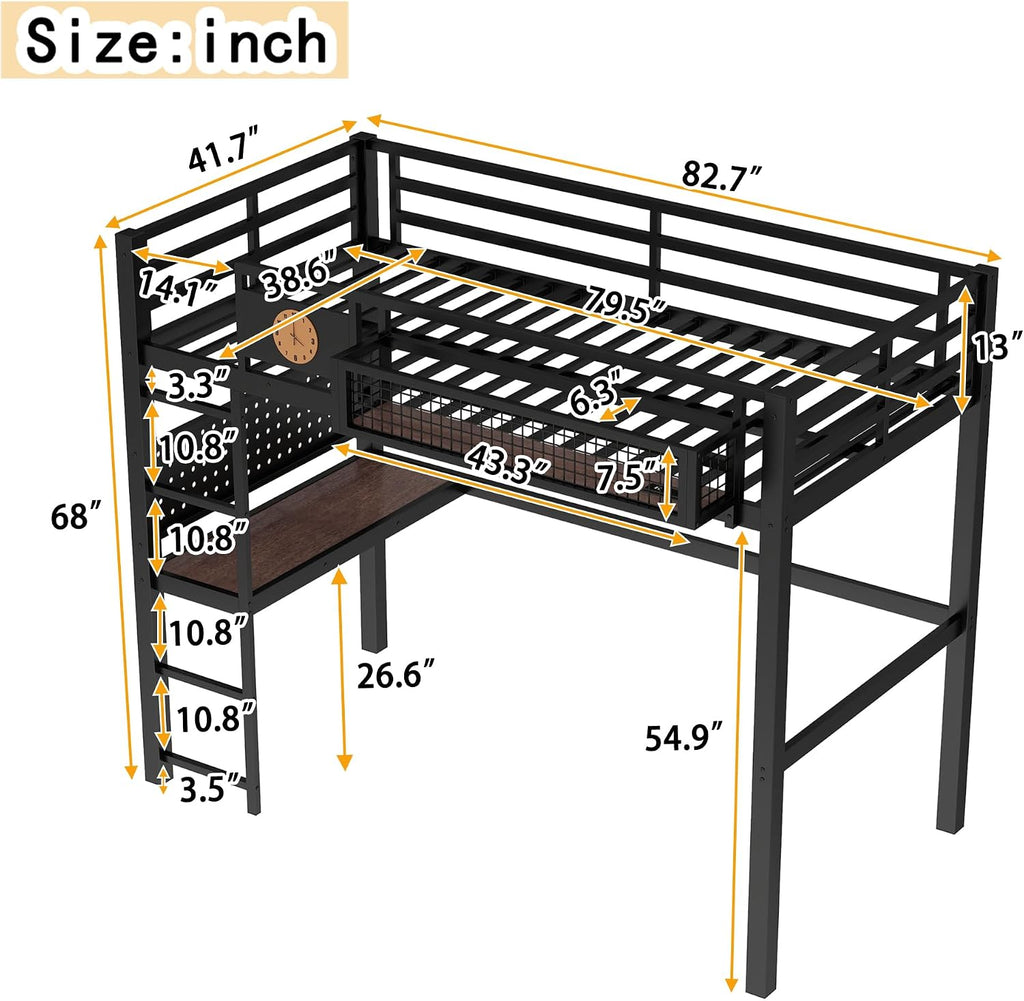 JIVOIT Twin XL Size Metal Loft Bed Frame with Desk, Bedside Storage Basket, Side Clock Design, Pegboard, 68' H Metal Loft Bed with Slats Support, No Spring Box Needed
