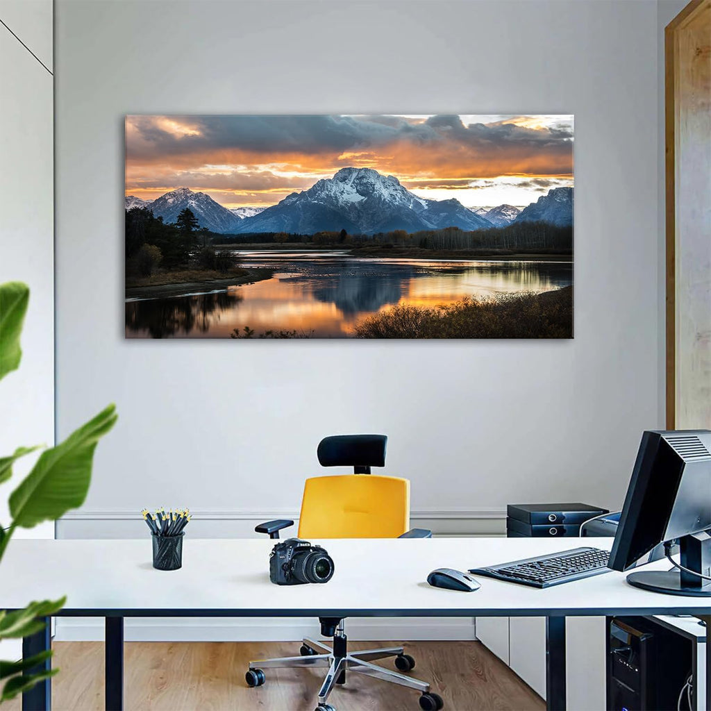 Extra Large Mountain Wall Art for Living Room Sunset Nature Grand Teton Wall Decor National Park Posters Wyoming Snake River Landscape Canvas Prints Artwork for Bedroom Office Home Decoration 35x70'