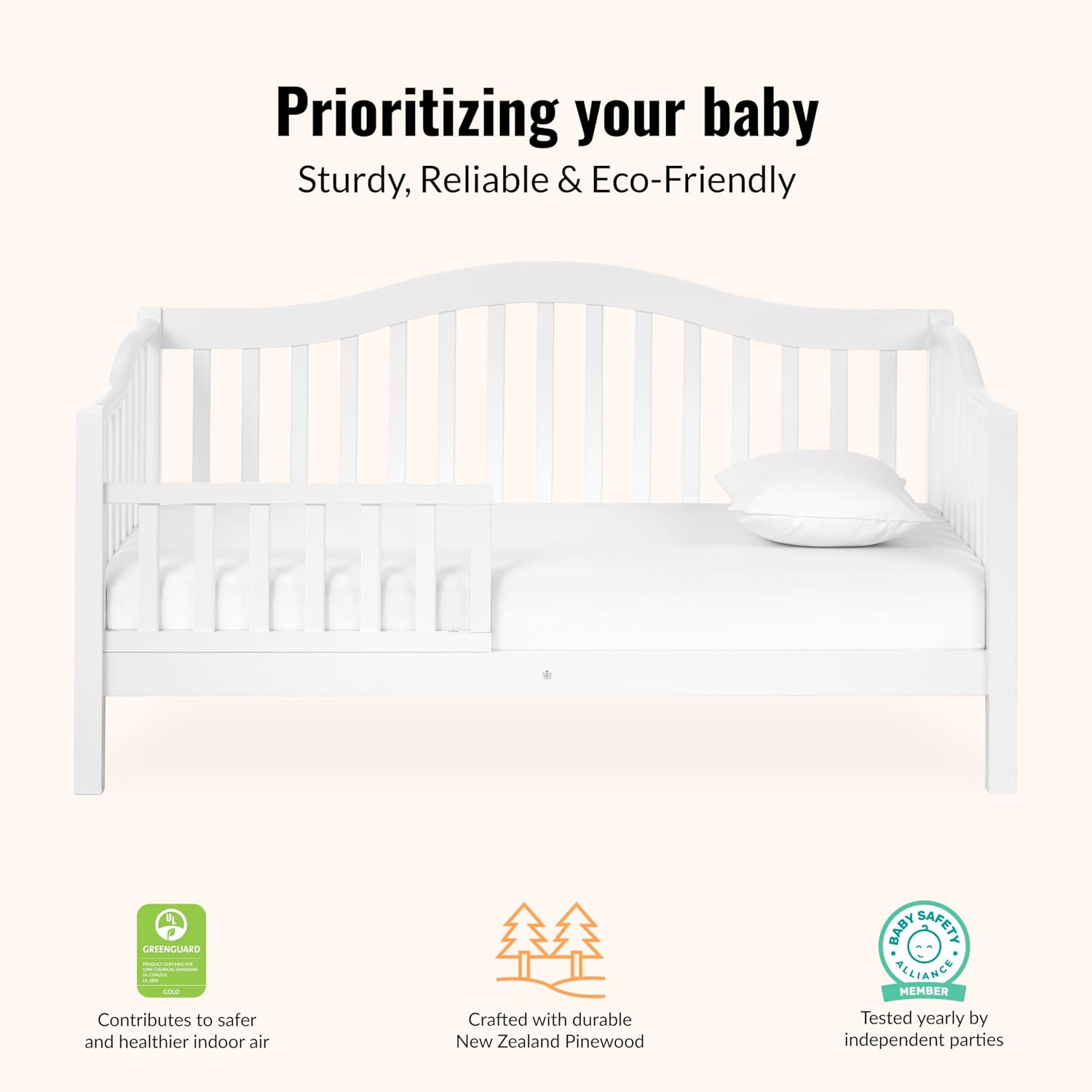 Dream On Me Austin Toddler Day Bed with Rails in White, Low to Floor Toddler Day Bed, Greenguard Gold & Baby Safety Alliance Certified, Non-Toxic Finishes, Side Safety Guard Rail