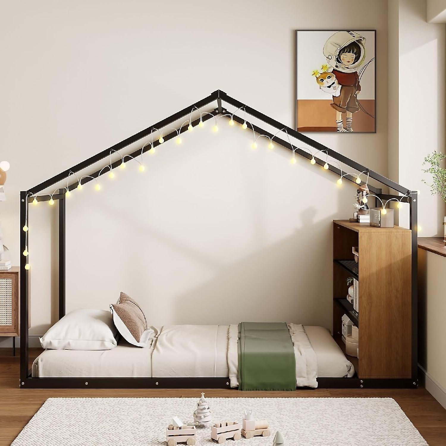 Bed Twin Size Set, Black Bed Frames with Shelves and Lights Metal & Wood 79.9' L x 40.6' W x 59.8' H
