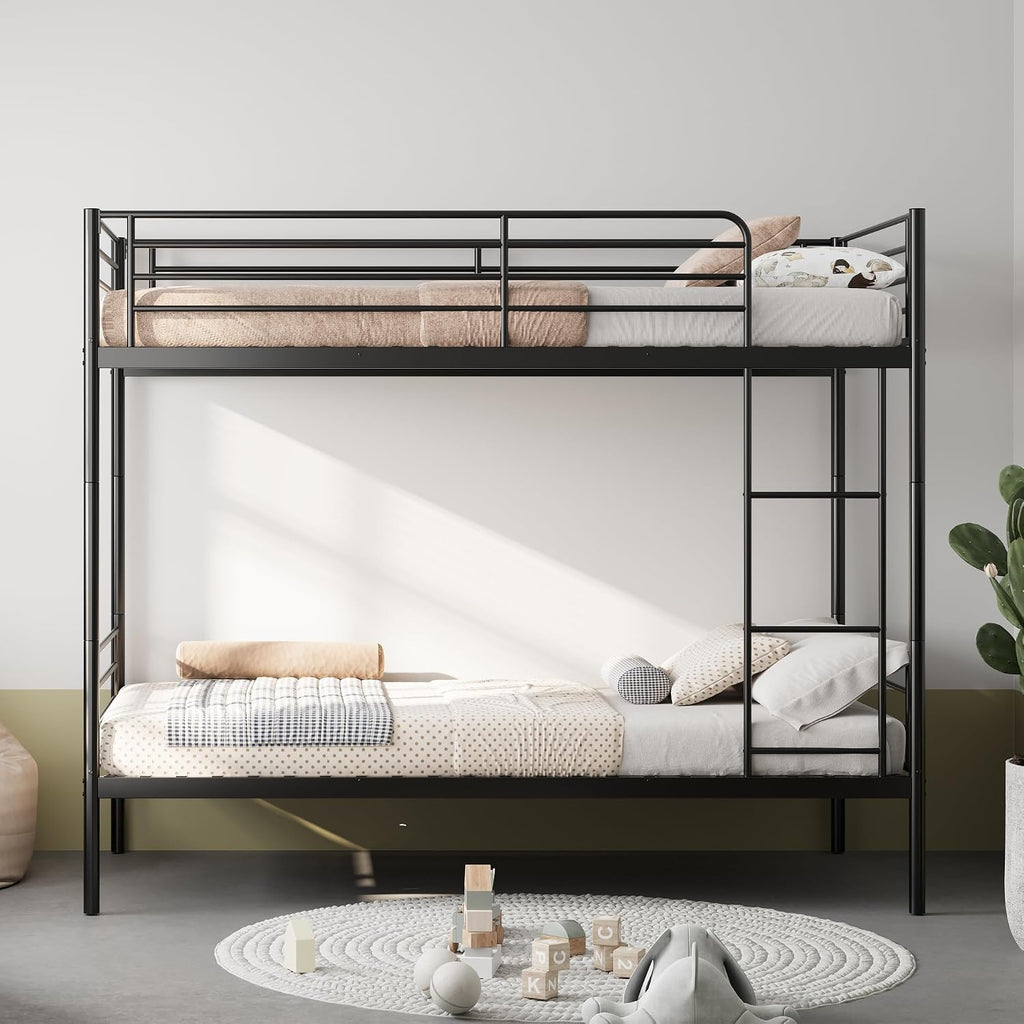 GOWE Bunk Bed with Ladder and high Guardrail, Able to Split, Metal Bunk Bed, Storage Space, Noise Free,Twin Over Twin Size,Black
