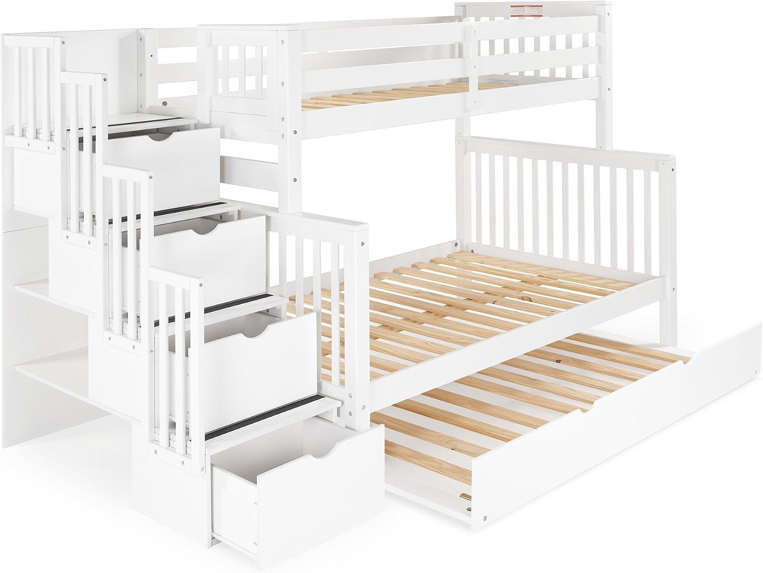 Bedz King Stairway Bunk Beds Twin Over Full, 4 Step Drawers, Twin Trundle, White