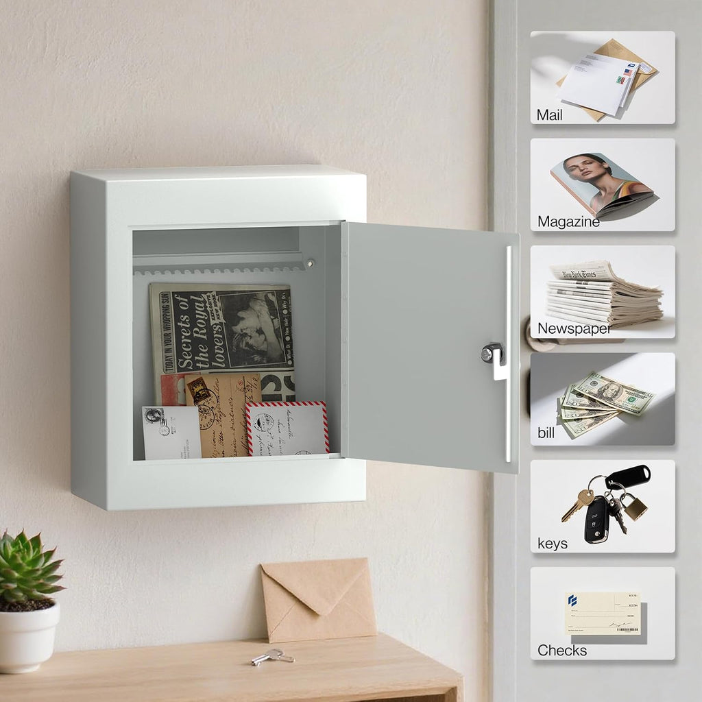 Pochar Through-The-Wall Drop Box with Rainproof Cover | Heavy Duty Through Wall Mailbox with 10-Inch Adjustable Chute | Rainproof Locking Drop Safe for Mail, Rent, Checks, Cash, and Keys(White)