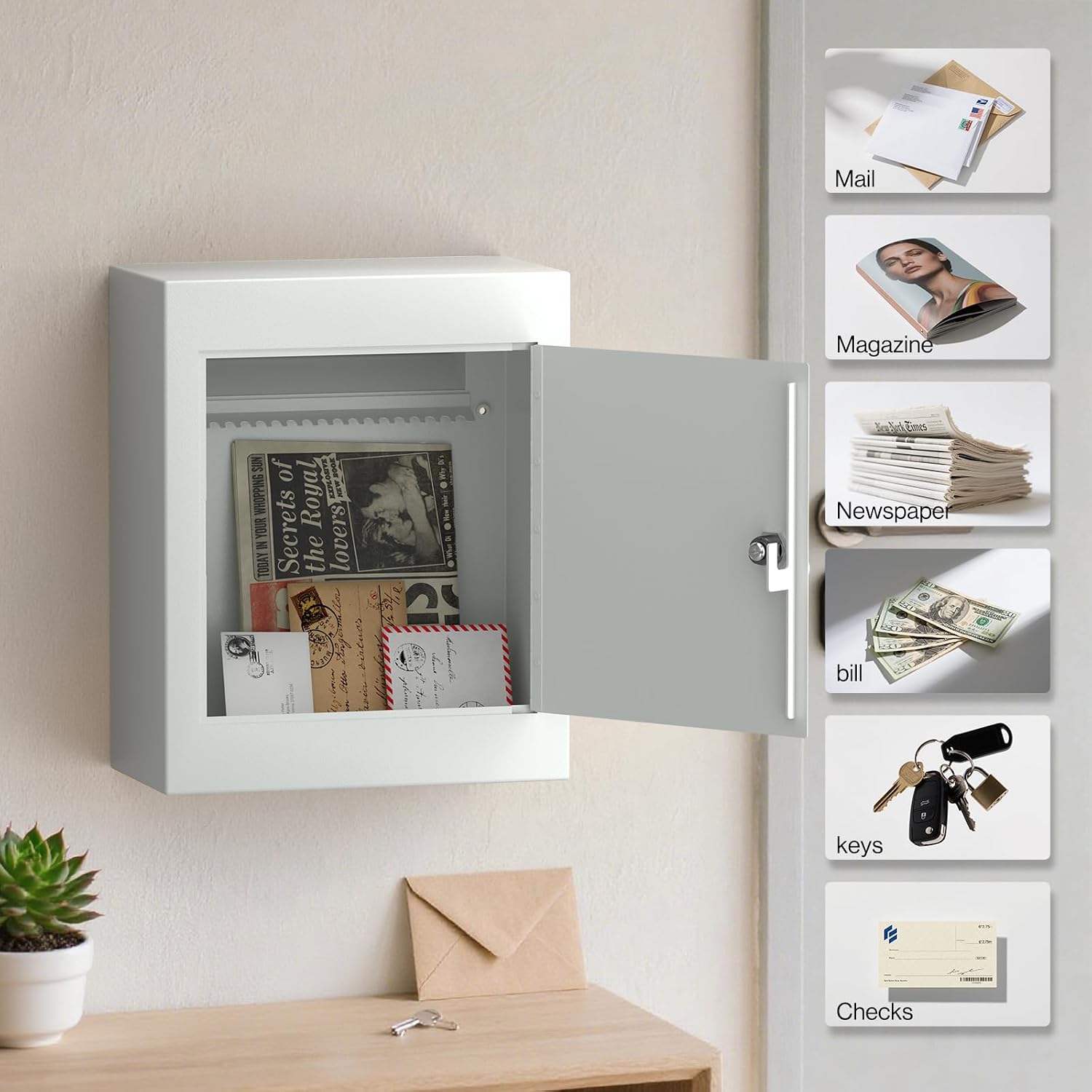 Pochar Through-The-Wall Drop Box with Rainproof Cover | Heavy Duty Through Wall Mailbox with 10-Inch Adjustable Chute | Rainproof Locking Drop Safe for Mail, Rent, Checks, Cash, and Keys(White)