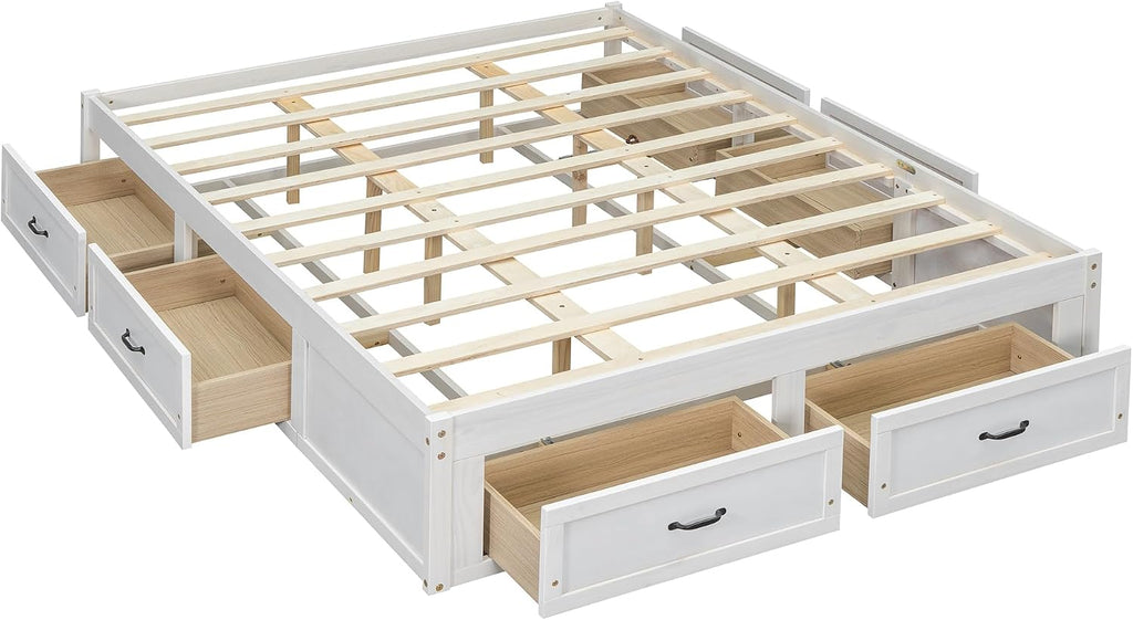 Queen Size Wooden Platform Bed with 6 Storage Drawers, No Box Spring Needed (Antique White, Queen)