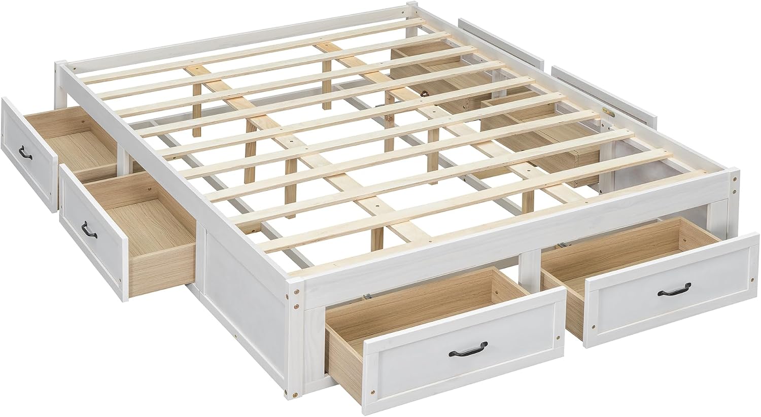 Queen Size Wooden Platform Bed with 6 Storage Drawers, No Box Spring Needed (Antique White, Queen)