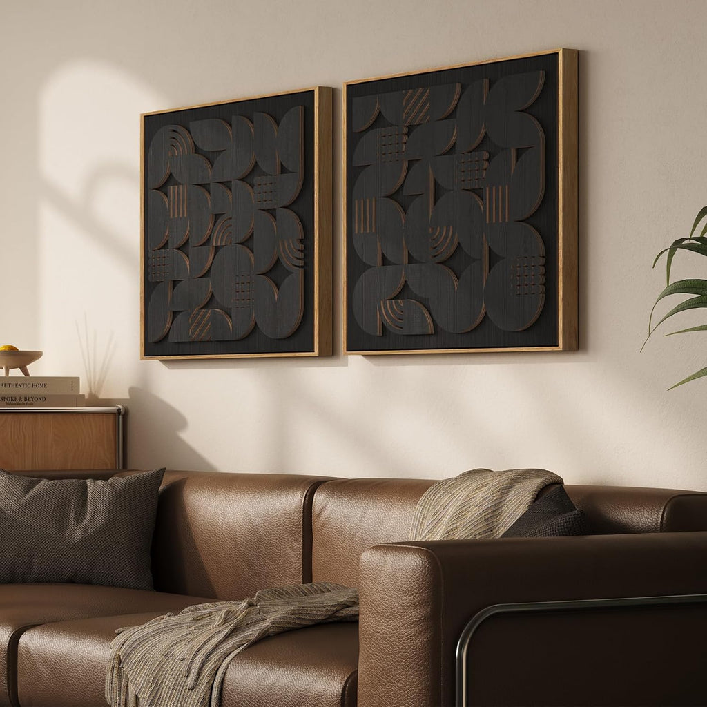 Framed Black Wood Wall Art for Living Room, Set of 2 Large Textured Geometric Abstract Artwork for Walls, Modern Minimalist Wooden Wall Decor for Dinning Room, Hallway, Office, Bedroom, 24x24 Inch