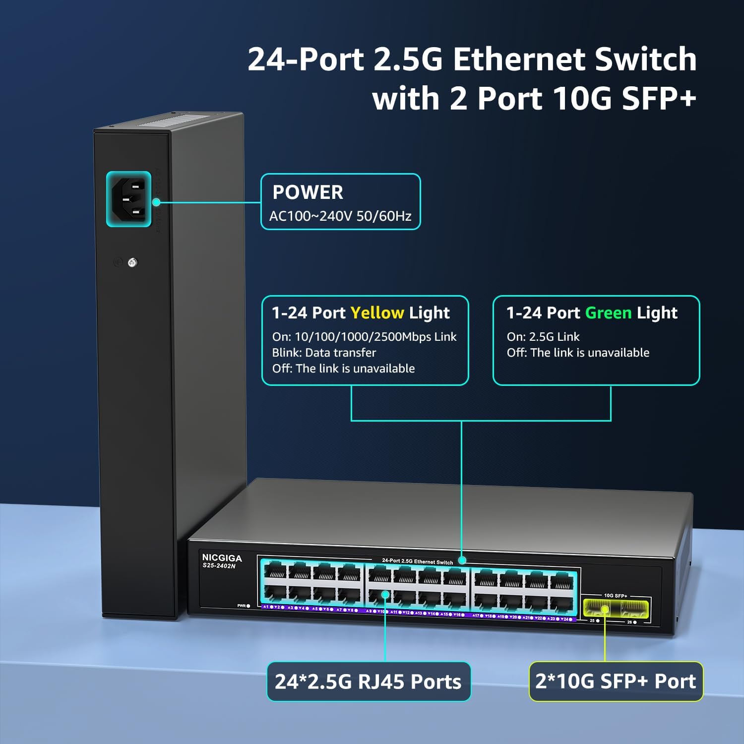 24 Port 2.5Gb + 2 Port 10Gb SFP+ Ethernet Switch, NICGIGA 26 Port 2.5G Network Switch Unmanaged, Plug & Play, Desktop or 19-inch Rack Mount, Fanless Metal Design.