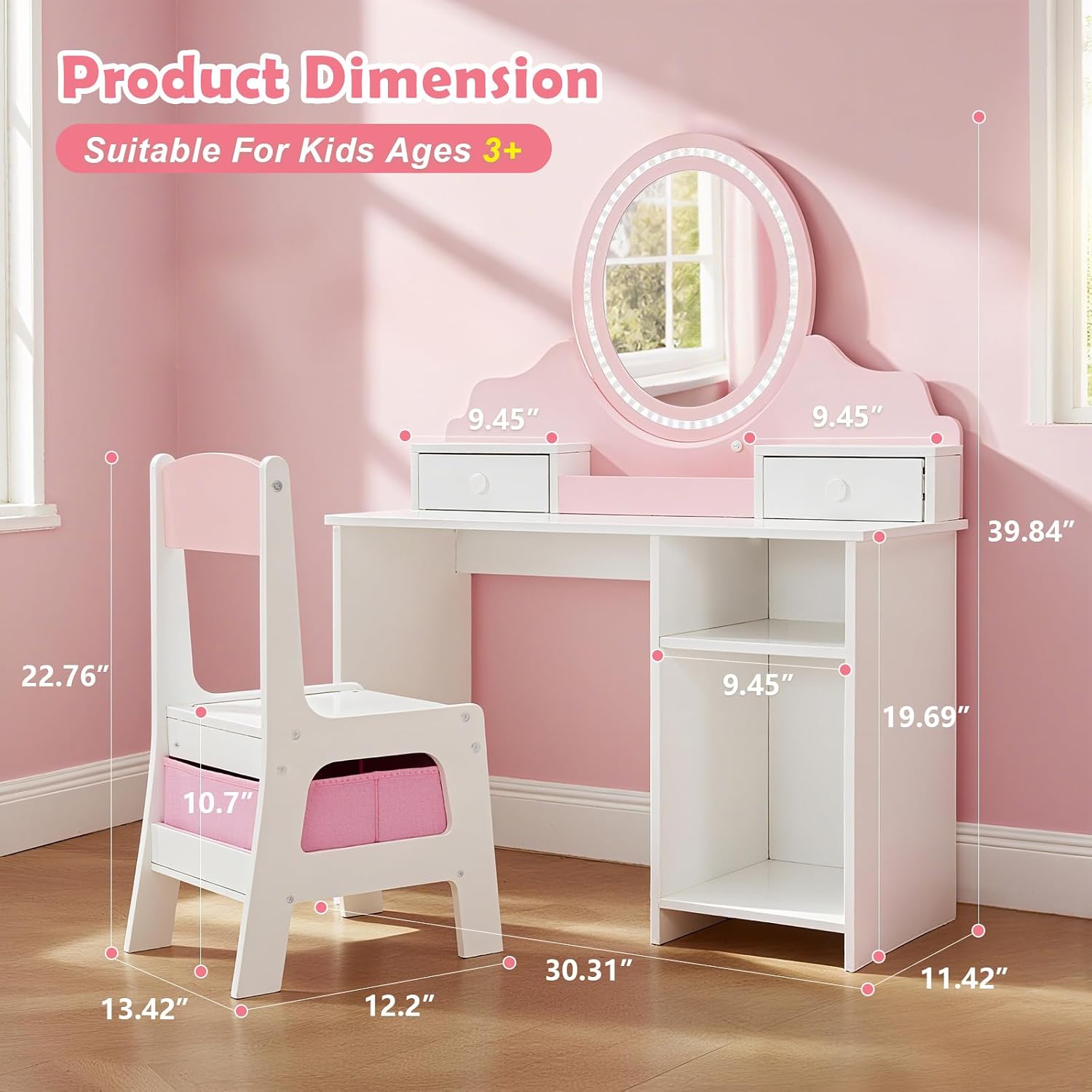 JOYLDIAS Kids Vanity Set with Lights, Pink Girls Vanity with Mirror and Chair, 2-in-1 Toddler Makeup Vanity Desk with 2 Drawers, Storage Cabinet & Shelves, Dressing Table for Kids Ages 3+