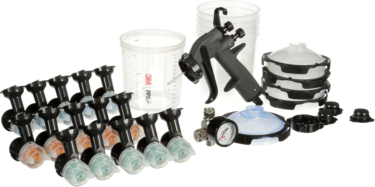3M Performance Spray Gun Starter Kit, 26778, Includes PPS 2.0 Paint Spray Cup System, 15 Replaceable Gravity HVLP Atomizing Heads, Air Control Valve
