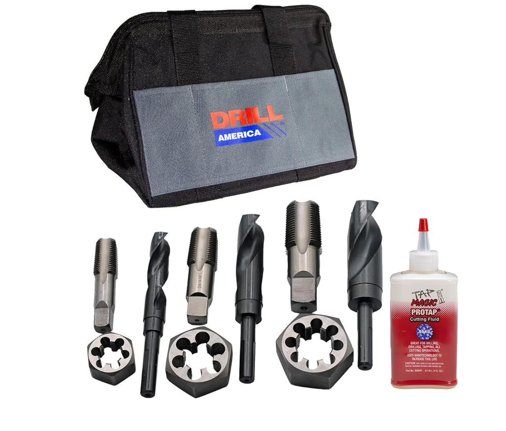 Drill America Plumber's Tool Kit, Drill, Tap and Die Kit, 10-Piece Tool Set with 3 NPT Tap and Drill Bits, 3 NPT Hex Dies (1/2', 3/4', 1'), 4oz Tap Magic Cutting Fluid with Storage Bag, KMZPLUM12