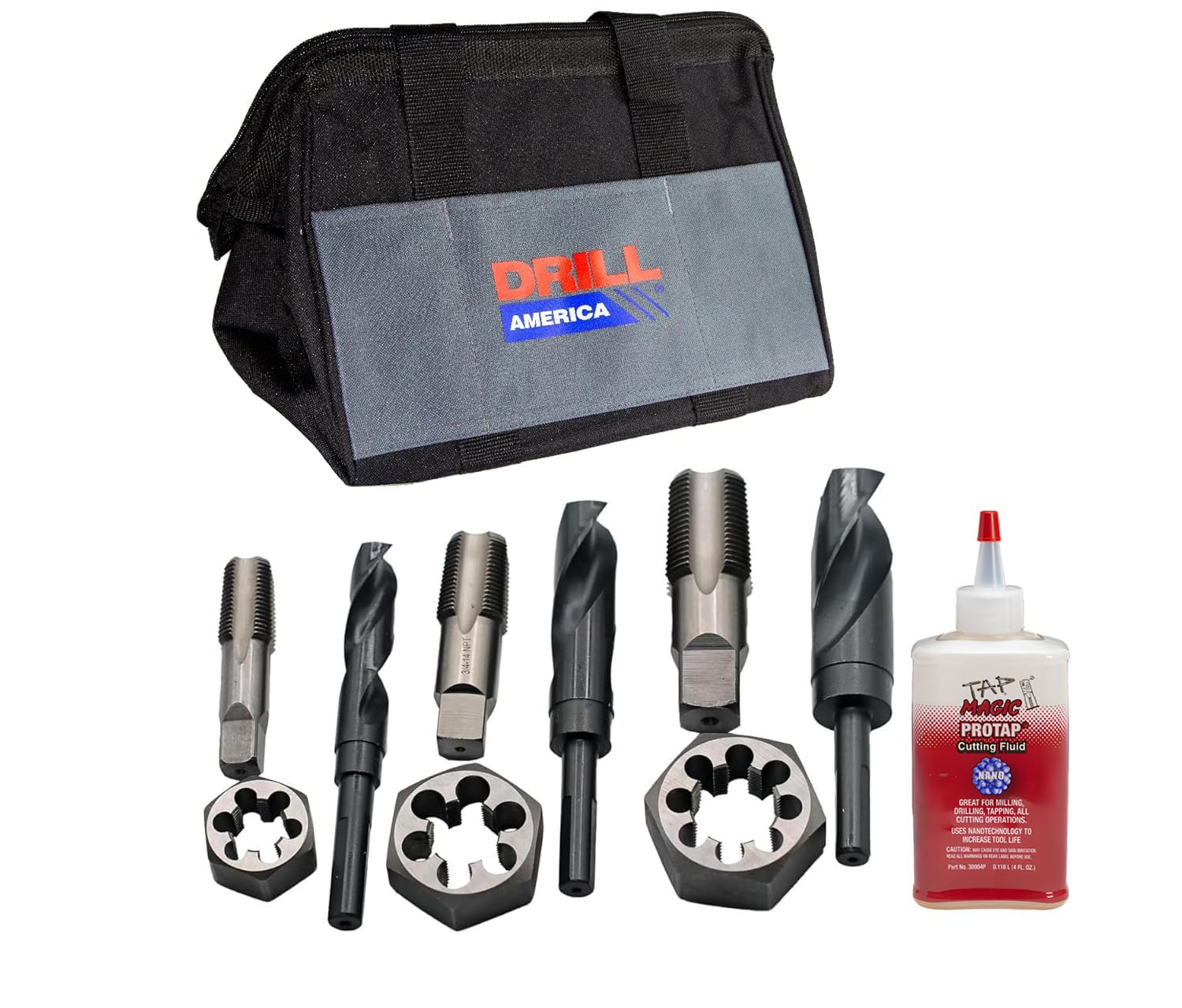 Drill America Plumber's Tool Kit, Drill, Tap and Die Kit, 10-Piece Tool Set with 3 NPT Tap and Drill Bits, 3 NPT Hex Dies (1/2', 3/4', 1'), 4oz Tap Magic Cutting Fluid with Storage Bag, KMZPLUM12