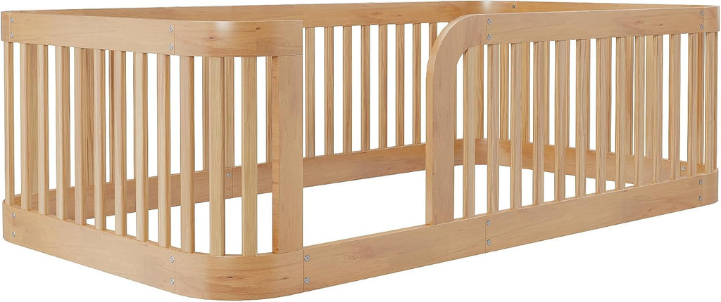 JIVOIT Twin Size Floor Bed Frame with Fence, Wood Montessori Floor Bed with Safety Guardrail, Easy Assembly (Natural/124)