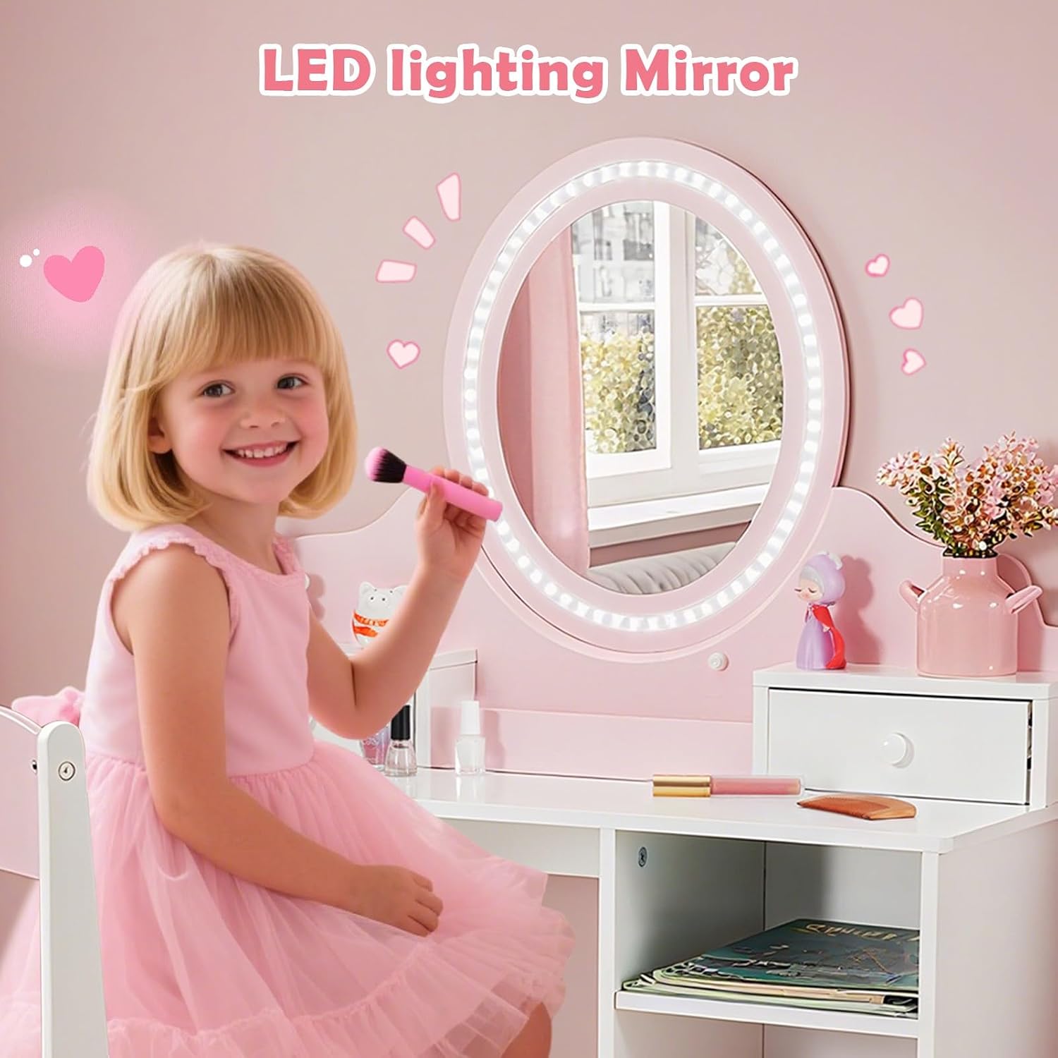 JOYLDIAS Kids Vanity Set with Lights, Pink Girls Vanity with Mirror and Chair, 2-in-1 Toddler Makeup Vanity Desk with 2 Drawers, Storage Cabinet & Shelves, Dressing Table for Kids Ages 3+