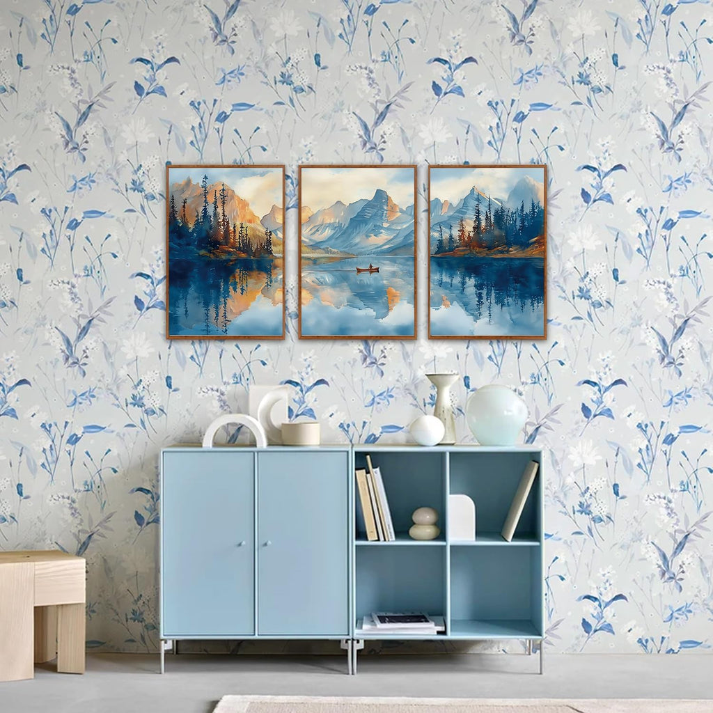KAIRNE Landscape Wall Art Set of 3(24'X36'),Abstract Forest Canvas Paintings,Watercolor Blue Mountain Lake Prints,Framed Nature Scenery Artwork for Living Room Bedroom Home Office Gallery Decoration
