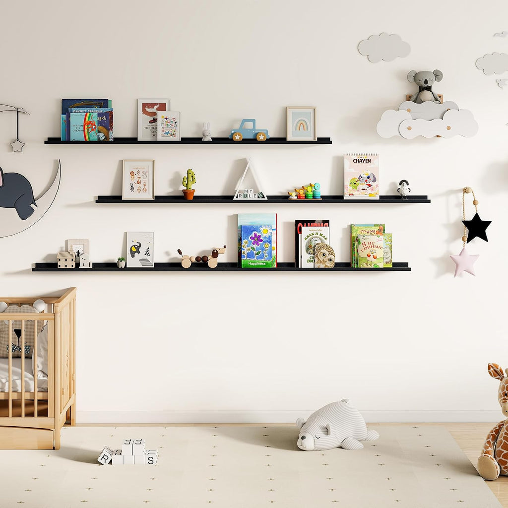 Fun Memories Picture Ledge Shelf, 60 Inch Floating Shelves Set of 2, Large Nursery Book Shelves for Toys Storage, Kids Bookshelf Wall Mounted for Wall Decor Books Photo Frames, Black