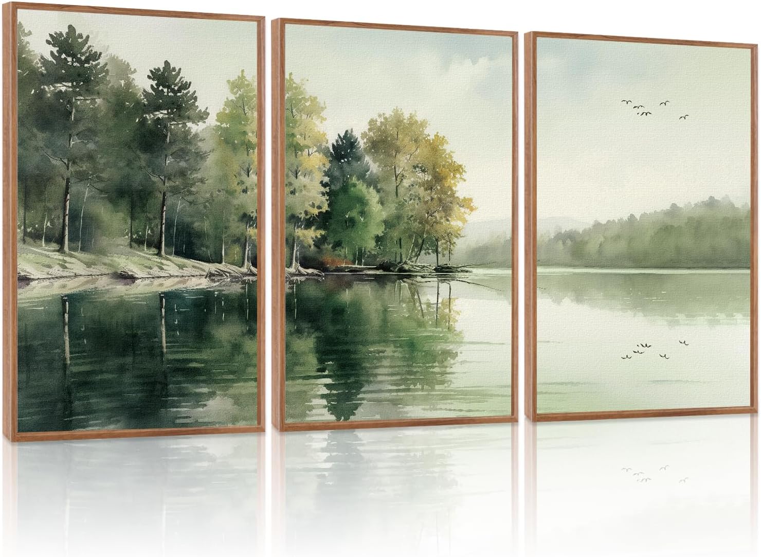 KAIRNE Framed Nature Canvas Wall Art Set,Misty Forest Wall Decor,Green Mountain Forest Pictures,Lake Water Painting set of 3(24'x36'),Landscape Scene Print for Living Room, Bedroom,Gallery Decor