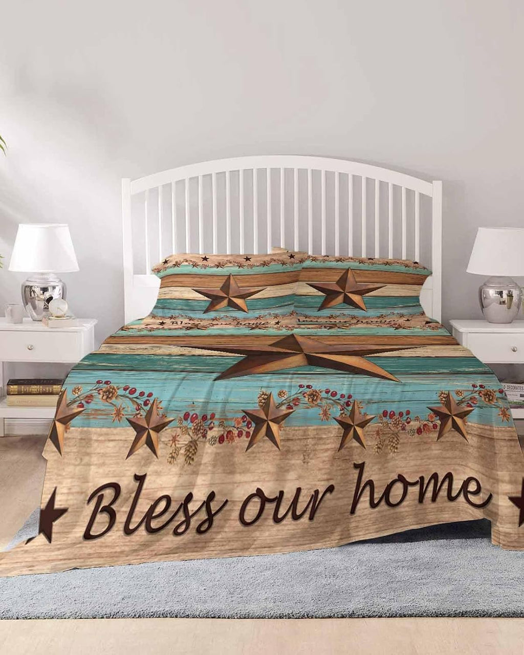 Western Texas Star Retro Cal King Sheet Set 4 Piece Bedding - Country Farmhouse Teal Brown Wood Grain Breathable Comfy Cooling Bed Sheets & Pillowcase Sets, Hotel Flat Sheets Deep Pockets Fitted Sheet