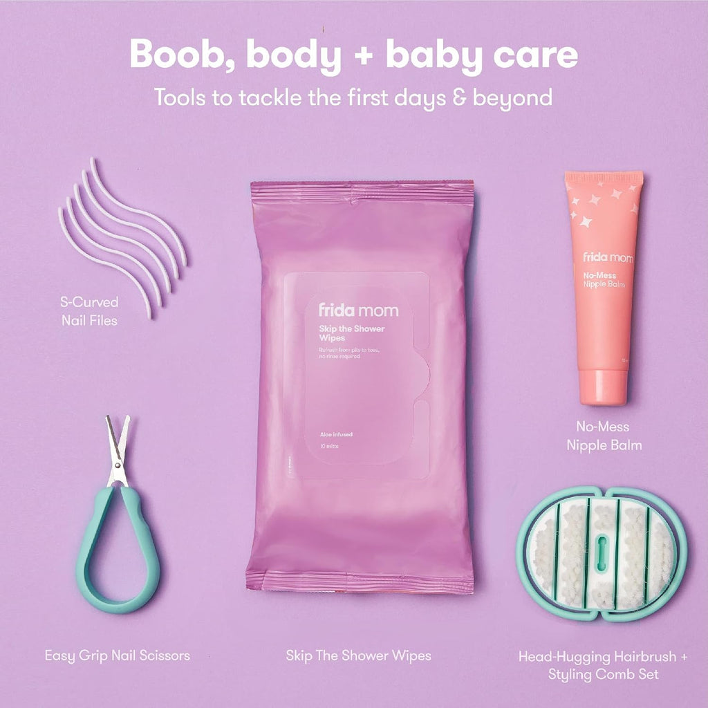 Frida Mom 30pc Pre-Packed Hospital & Diaper Bag Essentials Gift Set, Includes Labor, Postpartum, & Newborn Grooming Kit in One, Easy to Organize with Removable Toiletry Bags, & Suitcase Strap
